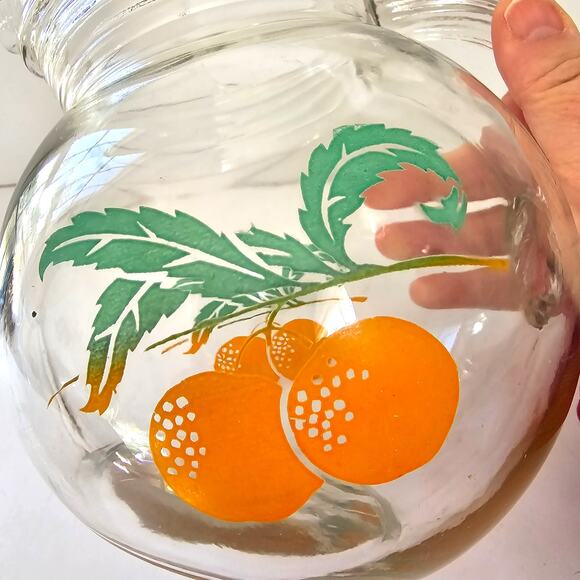 Vintage Anchor Hocking Juice Pitcher Tilt Ball Oranges Leaves '50's Mid Century - Picture 5 of 10